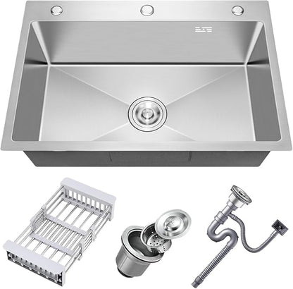32 x 18 Inch Drop in Kitchen Sink, Nano-Coated Topmount Single Bowl Stainless Steel Sink with Drain Kit Baskets