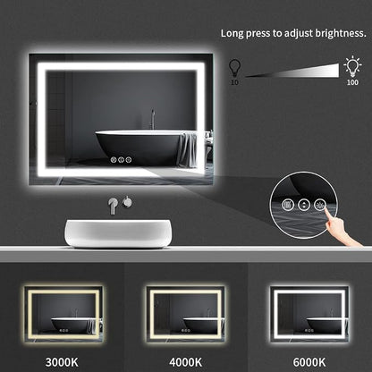 LED Bathroom Mirror 48"X36" with Front Light and Backlit | Stepless Dimmable, Anti-Fog, Shatter-Proof, HD Reflection, Memory, 3 Colors Lighting, UL Listed (Horizontal/Vertical).