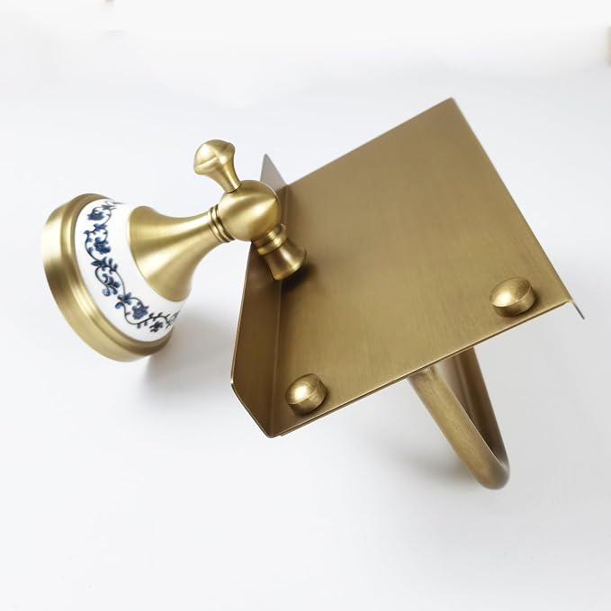 Toilet Paper Holder with Phone Shelf, Bathroom Toilet Paper Roll Holder Antique Bronze Brass Wall Mounted Bathroom Hardware Accessories,Porcelain Design