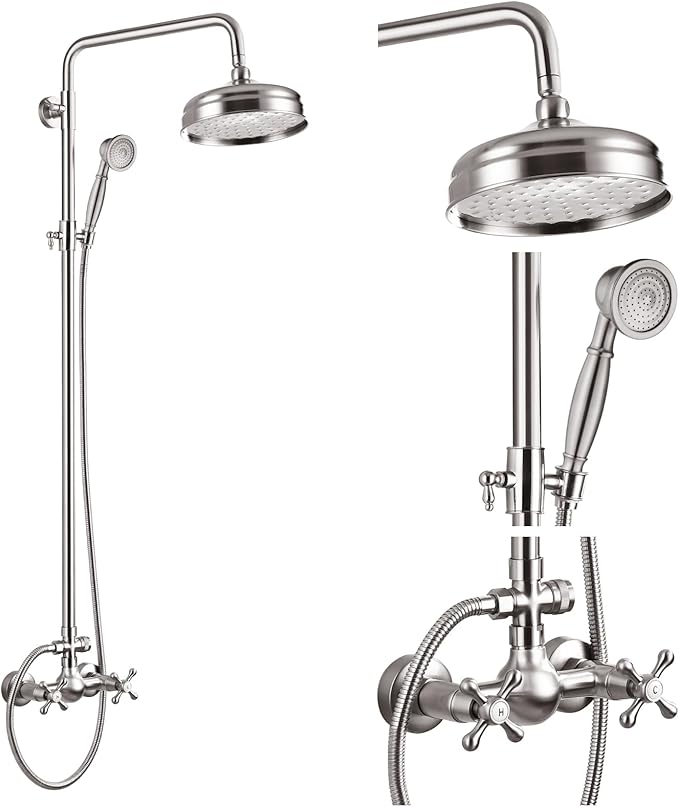 gotonovo Exposed Shower System Wall Mount,Brushed Nickel,Metal Handheld | 8” Rain Shower Head Faucet Set Fixtures,2 Function,Two Cross Handle,Height Adjustable,for 5-6.7" Hole,Indoor Victorian Retro