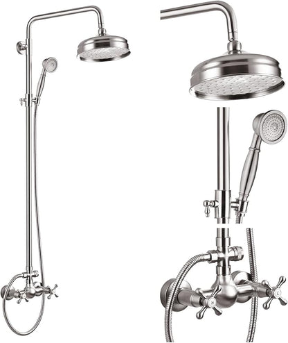 gotonovo Exposed Shower System Wall Mount,Brushed Nickel,Metal Handheld | 8” Rain Shower Head Faucet Set Fixtures,2 Function,Two Cross Handle,Height Adjustable,for 5-6.7" Hole,Indoor Victorian Retro