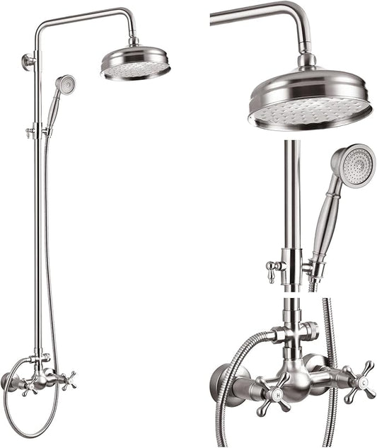 gotonovo Exposed Shower System Wall Mount,Brushed Nickel,Metal Handheld | 8” Rain Shower Head Faucet Set Fixtures,2 Function,Two Cross Handle,Height Adjustable,for 5-6.7" Hole,Indoor Victorian Retro