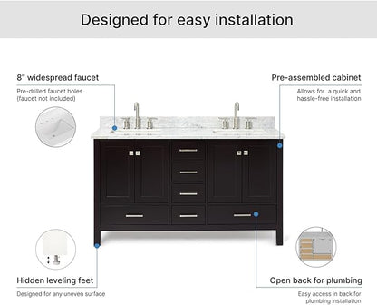 ARIEL Cambridge 60-inch Bathroom Vanity with Sink,Solid Wood, 0.75-inch Italian Carrara Marble Countertop, Double Rectangular Porcelain Sink, 4 Soft Closing Doors, 6 Dovetail Drawers, Espresso