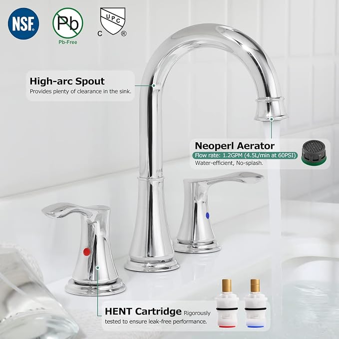 Chrome Widespread Bathroom Sink Faucet 8 Inch for Vanity | with All Metal Pop Up Drain, High Arc 2 Handle Lead-Free Deck Mount Bathroom Faucet for 3 Hole Lavatory Utility Sink