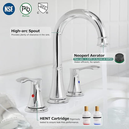 Chrome Widespread Bathroom Sink Faucet 8 Inch for Vanity | with All Metal Pop Up Drain, High Arc 2 Handle Lead-Free Deck Mount Bathroom Faucet for 3 Hole Lavatory Utility Sink