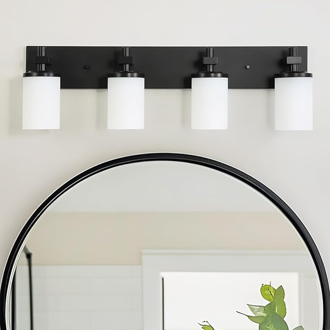 LOUSACE Bathroom Lighting Fixtures Over Mirror 4 Light Bathroom Vanity Lights Matte Black, Wall Vanity Lighting Fixture with Opal White Glass Shades for Vanity Cabinet