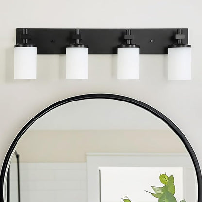 LOUSACE Bathroom Lighting Fixtures Over Mirror 4 Light Bathroom Vanity Lights Matte Black, Wall Vanity Lighting Fixture with Opal White Glass Shades for Vanity Cabinet