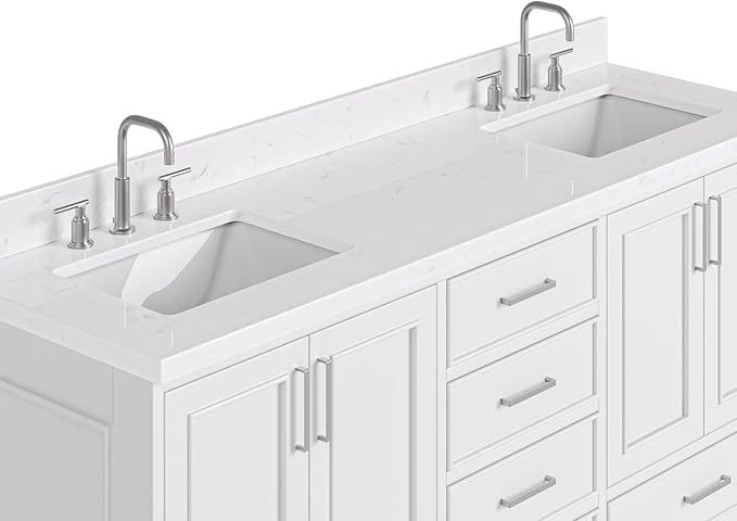 ARIEL Stafford 72-inch Bathroom Vanity with Sink,Solid Wood, 1.5-inch Carrara White Quartz Countertop, Double Rectangular Porcelain Sink, 4 Soft Closing Doors, 6 Dovetail Drawers, Midnight Blue