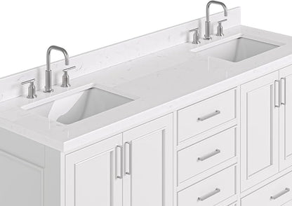 ARIEL Stafford 72-inch Bathroom Vanity with Sink,Solid Wood, 1.5-inch Carrara White Quartz Countertop, Double Rectangular Porcelain Sink, 4 Soft Closing Doors, 6 Dovetail Drawers, Midnight Blue