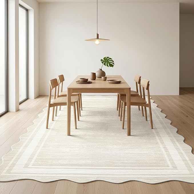 Garvee Washable Scalloped 8x10 Rug Beige Rugs for Living Room | Pet-Friendly Non-Slip Scalloped Rugs for Bedroom, Stain-Resistant Low-Pile Solid Rug for Dining Room Home Office