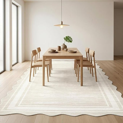 Garvee Washable Scalloped 8x10 Rug Beige Rugs for Living Room | Pet-Friendly Non-Slip Scalloped Rugs for Bedroom, Stain-Resistant Low-Pile Solid Rug for Dining Room Home Office