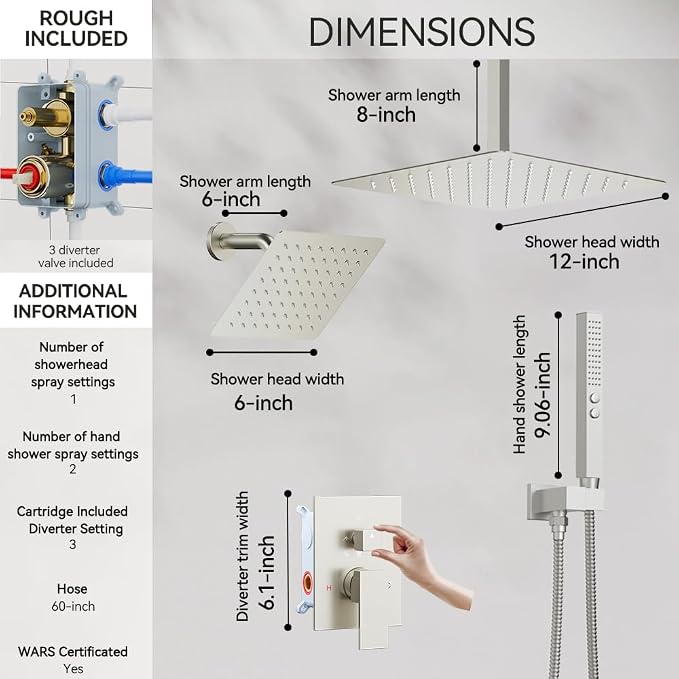 Shower System Shower Faucet Set, STARBATH 12"+6" Ceiling Mount Rain Shower Head and Handheld Spray for Two Person, Rainfall Shower System with Diverter Valve and Trim Kit Complete,Brushed Nickel