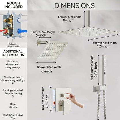 Shower System Shower Faucet Set, STARBATH 12"+6" Ceiling Mount Rain Shower Head and Handheld Spray for Two Person, Rainfall Shower System with Diverter Valve and Trim Kit Complete,Brushed Nickel