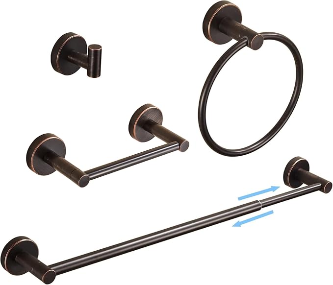Bronze Bathroom Accessories, Oil Rubbed Bronze Bathroom Hardware Set Includes double post Toilet Paper Holder 15 to 24 Inch Towel Bar Towel Ring Robe Hook 4 Pieces Hand Towel Holder Wall Mount