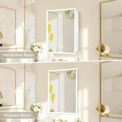 LED Medicine Cabinet,Recess Mirror Cabinet for Bathroom,3 Color,Dimmable,Demister, Detachable Side Panel for Recess Mount or Surface Mount,USB Shaver Socket, Internal Lighting,16x24inch,White