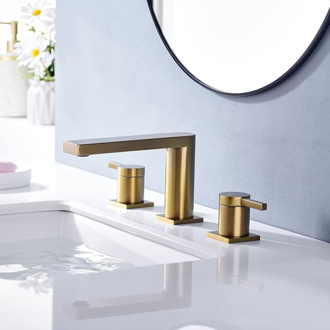 Luxury Brass Widespread Bathroom Sink Faucets for 3 Hole 2-Handle 8 Inch Deck Vanity Faucet & Stainless Steel Pop-up Drain Assembly, Brushed Brass Gold