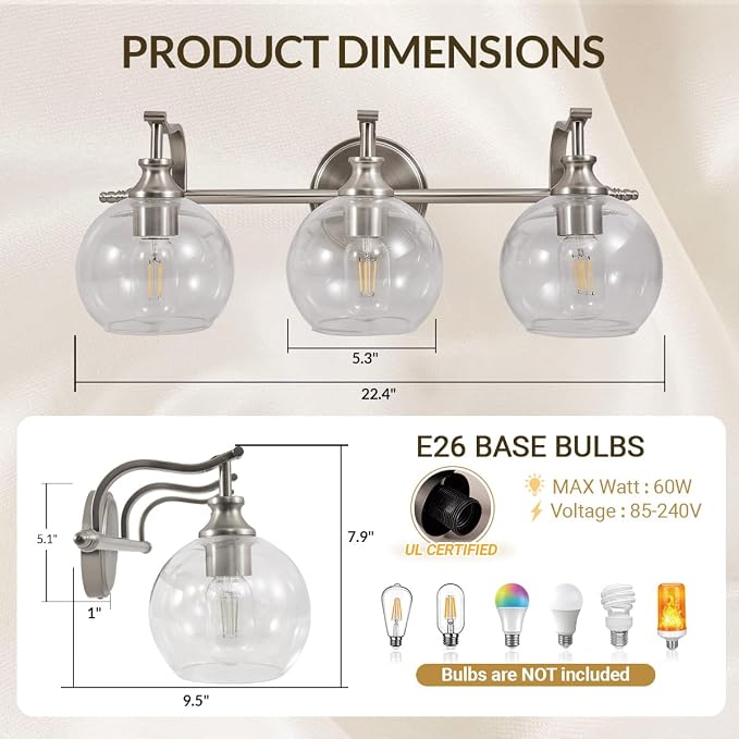 ANDY STAR 3 Light Bathroom Vanity Light, Brushed Nickel Bathroom Light Fixture, Modern Wall Sconces with Globe Clear Glass Shade, Wall Mounted Bathroom Light Over Mirror for Living Room, Foyer