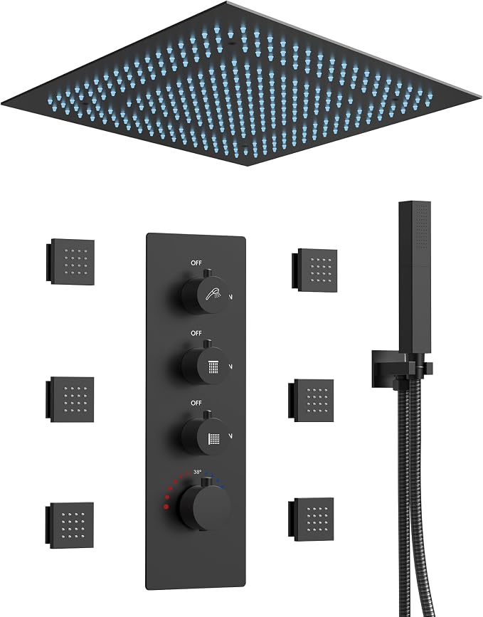 64 Color LED Mood Lighting Rainfall Shower System, 20" Ceiling Mount Bathroom Shower Faucet Set (Matte Black)