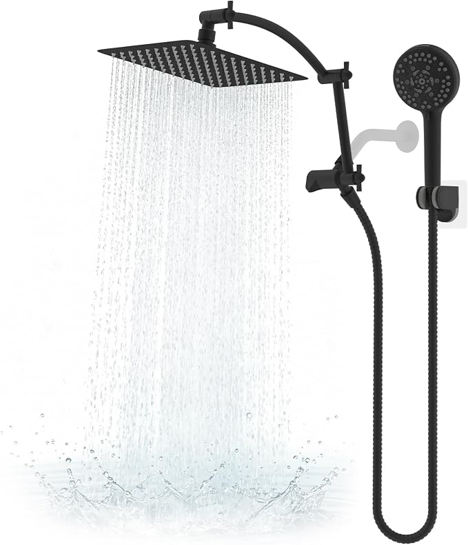 Hibbent All Metal 10" High Pressure Rain Shower Head Combo, Matte Black | cUPC Certified Rainfall Shower Head with handheld 10 Sprays, 16'' Adjustable Extension Arm, 71'' Hose, Showerhead Holder
