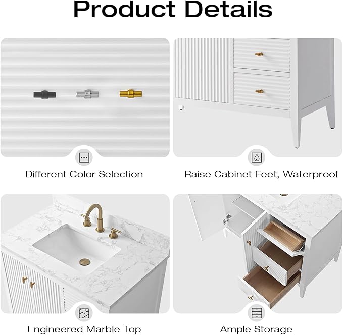 Vanity Art 42 inch Bathroom Vanity with Single Sink & Ceramic Top, Vanity Cabinet with Soft-Closing Door, Solid Wood Frame, Linear Pattern, White, Golden Brushed Handware VA9142-W-GB