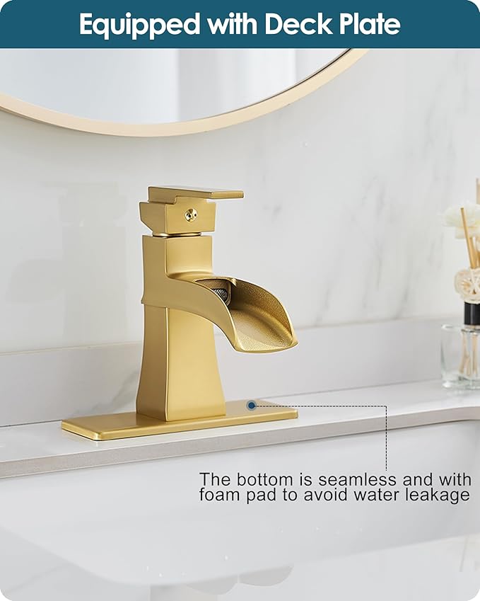 Gold Bathroom Sink Faucet 1 Hole, Brass Waterfall Faucet for Bathroom Sink, 4 Inch 3 Hole with Single Handle, Deck Plate & cUPC Water Hoses for Antique Vanity Lavatory, Not Included Pop-up Drain
