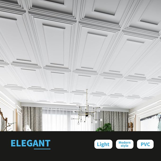 Art3d Drop Ceiling Tiles, 24x48in. White (12-Pack), Polyvinyl Chloride (PVC), Glue Down | Lightweight, Waterproof, No Sag and Breakage, Compatible with Grid System, Perfect for Basement, Kitchen