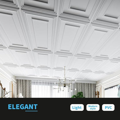 Art3d Drop Ceiling Tiles, 24x48in. White (12-Pack), Polyvinyl Chloride (PVC), Glue Down | Lightweight, Waterproof, No Sag and Breakage, Compatible with Grid System, Perfect for Basement, Kitchen