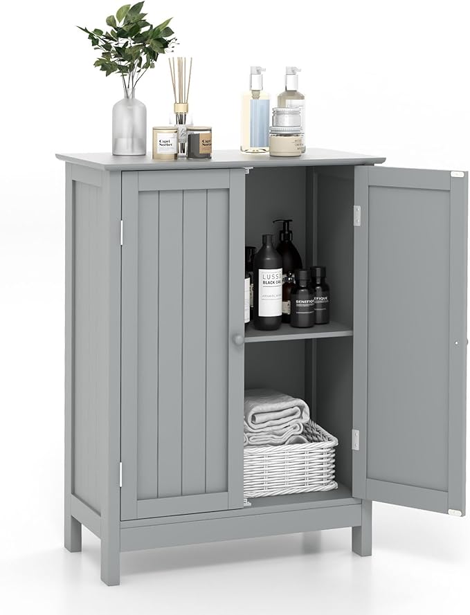 COSTWAY Bathroom Storage Cabinet, Freestanding Bathroom Organizers and Storage with Doors & Adjustable Shelf, Wooden Floor Cabinet for Home, Living Room, Entryway, Kitchen (Grey) | Storage with Doors & Adjustable Shelf, Wooden Floor Cabinet for Home, L...
