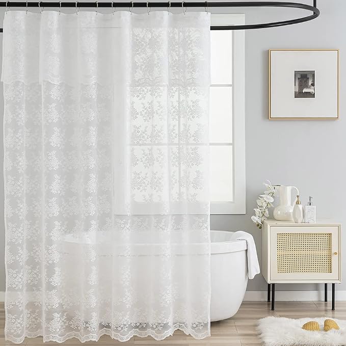 TUDECO White Lace Shower Curtain with Attached Valance 72 x 72 Inch | Elegant Floral, Vintage Bathroom Curtain, Scalloped Bottom, Brightens Space, Gentle Privacy, Machine Washable