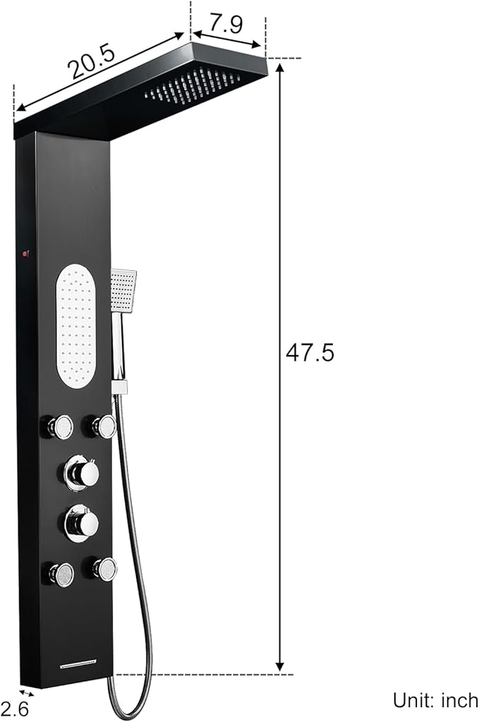 MENATT LED Shower Panel Tower System Stainless Steel,5 in 1 Shower Panels with 4 pcs Body Massage Jets,Body Waterfall Spray,Handheld Shower and Tub Spout,Black