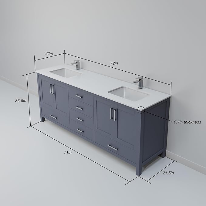Jacques 72 in. W x 22 in. D Dark Grey Double Bath Vanity and White Quartz Top