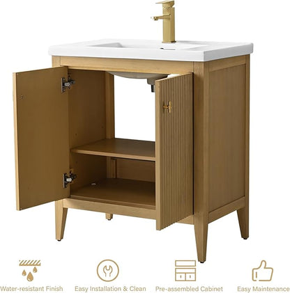 HOMEBEYOND 30" Bathroom Vanity with Ceramic Sink, Solid Wood Free-Standing Vanities Cabinet, Ceramic Top, Golden Brushed Handware & Soft Closing Door, Natural Oak