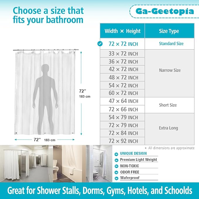 Ga-Geetopia Thin 3D EVA Shower Curtain Liner Water Cube, 72x72 Premium Light Weight Clear Plastic Bathroom Shower Curtain with Rustproof Metal Grommets 3 Magnets for Shower Stall, Bathtubs(No Hooks)