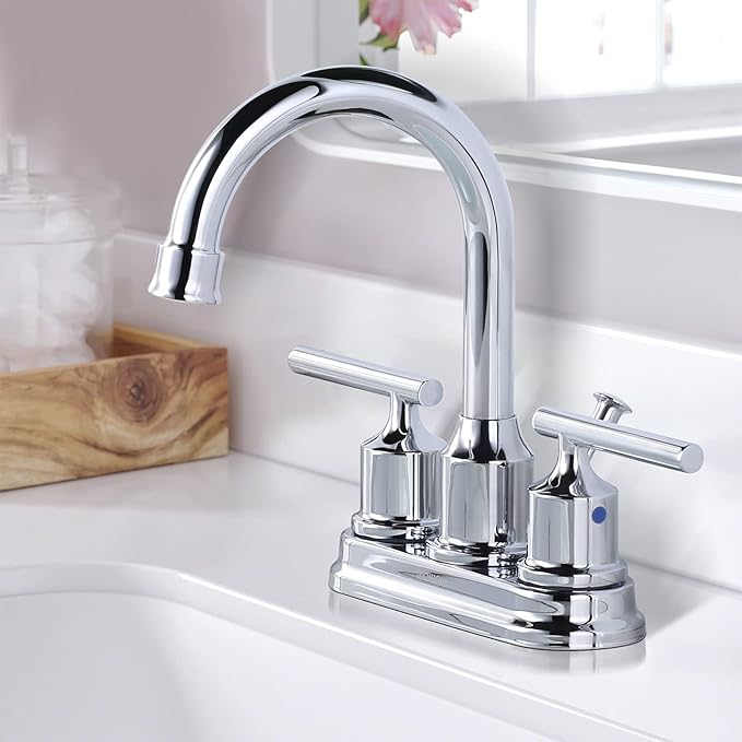 WOWOW Chrome Bathroom Faucet 3 Hole Bathroom Sink Faucet 2 Handle Faucet Centerset 4 inch Vanity Faucet Modern Water Tap with Lift Rod Drain Stopper and Supply Lines