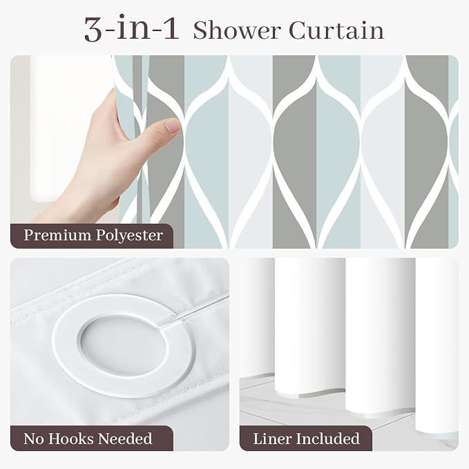 Gelbchu Gray No Hook Shower Curtain with Snap-in Liner, 71 x 77 Inch | Built-In Hooks, Mesh Top Window, Water-Repellent, Machine Washable, Quick Drying, Premium Polyester, Hotel Style, Modern