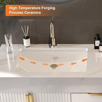 KunMai 59" White Freestanding Bathroom Vanity with Faux Marble Top, Double Ceramic Vessel Sinks, Floor-Standing Design, 3 Drawers for Storage, Modern Bathroom Cabinet with Gold Hardware Finish