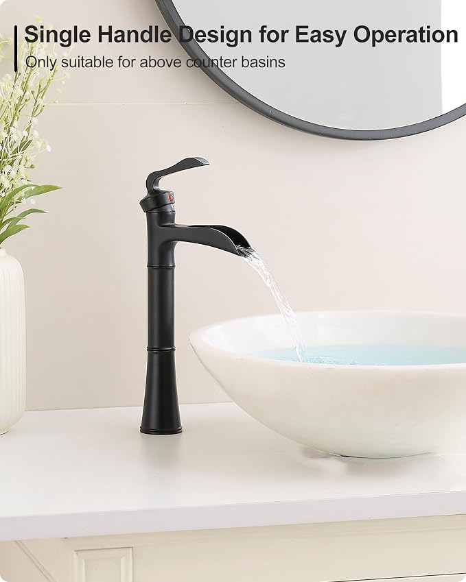Black Waterfall Tall Bathroom Faucet Single Hole, Brass Bathroom Vessel Sink Faucet Single Handle with Pop-Up Drain & Pre-Installed Hoses, No Noise
