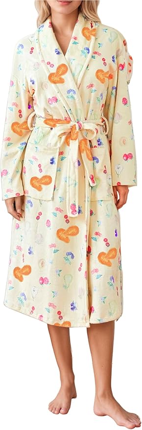 Women Fleece Fruit Print Robe Cute Robes for Women Spring Summer Lightweight Bathrobe Soft Flannel Gown with Belt