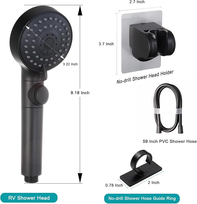 GwernKB Handheld Black Shower Head with Hose and On Off Switch,Water Saving | 3 Mode High Pressure Spray,for RV Camper,Bathroom,No Drilling Wall Mount Adhesive Shower Holder,Hose Guide Ring,No Hurt Wall