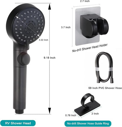 GwernKB Handheld Black Shower Head with Hose and On Off Switch,Water Saving | 3 Mode High Pressure Spray,for RV Camper,Bathroom,No Drilling Wall Mount Adhesive Shower Holder,Hose Guide Ring,No Hurt Wall