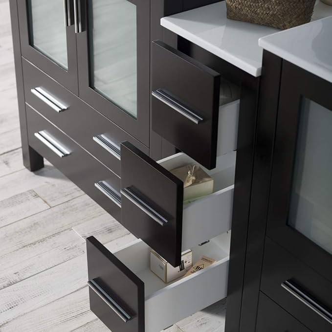 Blossom Luxury 72 Inch Solid Wood Bathroom Vanity Double Sink Set | Espresso Master Suite Vanity with Linen Cabinet | Modern Dual Sink Cabinet with Soft-Close Drawers & Tempered Glass Doors