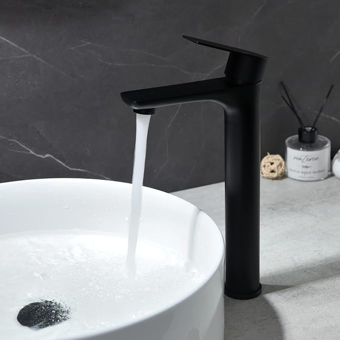 TONNY Single Handle Black Bathroom Sink Faucet | Tall Vanity Faucet with Deck Plate for 1 or 3 Holes, Stainless Steel, with Pop Up Drain for Vessel Sink Laundry Lavatory RV