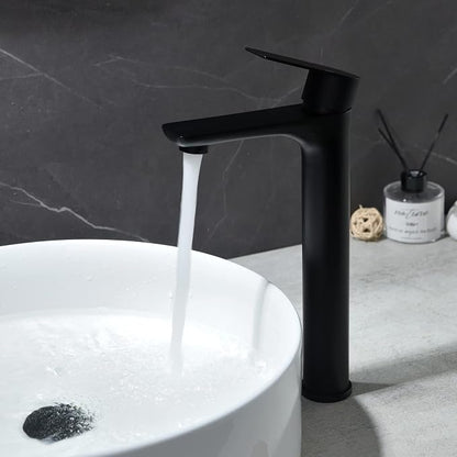 TONNY Single Handle Black Bathroom Sink Faucet | Tall Vanity Faucet with Deck Plate for 1 or 3 Holes, Stainless Steel, with Pop Up Drain for Vessel Sink Laundry Lavatory RV