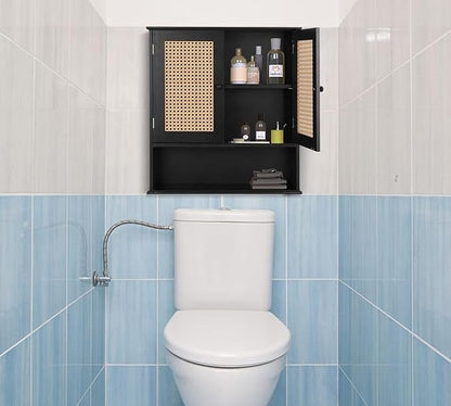 ZYBT Bathroom Medicine Cabinet Wall Mounted,Black Rattan Storage Towel Cabinet for Bathroom Storage Over The Toilet, Floating Hanging Cabinet for Small Spaces Kitchen Laundry Living Room