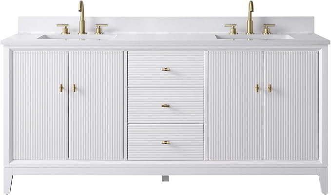 Vanity Art 72" Bathroom Vanity with Double Sink & Arabescato White Engineered Stone Top, Vanity Cabinet with Soft Closing Door, Solid Wood Frame, Golden Brushed Handles, White VA8172D-W-GB