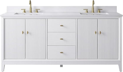 Vanity Art 72" Bathroom Vanity with Double Sink & Arabescato White Engineered Stone Top, Vanity Cabinet with Soft Closing Door, Solid Wood Frame, Golden Brushed Handles, White VA8172D-W-GB