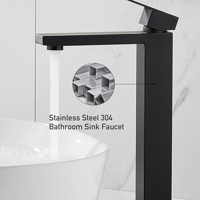 Matte Black Vessel Sink Faucet, 1 Hole Single Handle Tall Bathroom Vanity Faucets, Modern Utility Rv Laundry Bath Restroom Mixer Tap with Metal Pop Up Drain and 2 Water Supply Lines