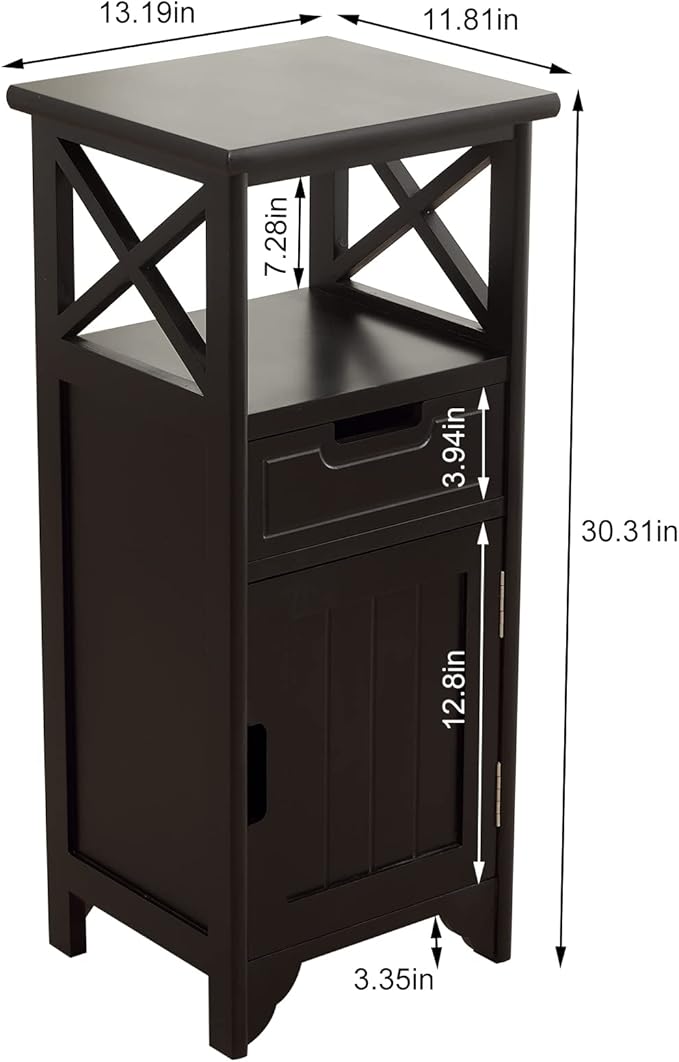 Assembled 30in Height Nightstand, Pre- Assembled Bathroom Floor Cabinet with Shelf and Storage Drawer, Black Tall End Table No Assembly Chest for Living Room Bedroom