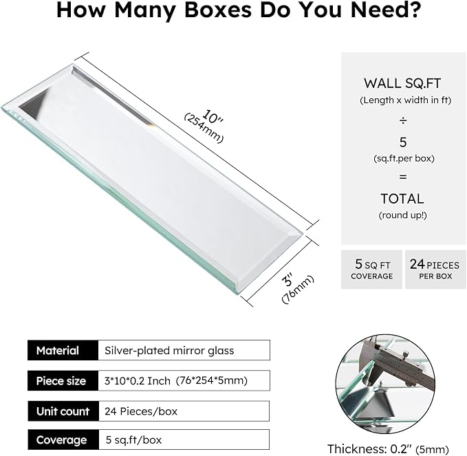 Peel and Stick Mirror Backsplash Tiles, Silver, 3x10 Inch, Beveled Mirror Subway Tiles for Kitchen Backsplash Bathroom Wall, Pack of 24 Pcs