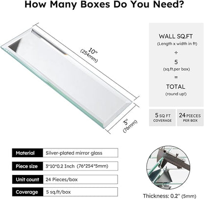Peel and Stick Mirror Backsplash Tiles, Silver, 3x10 Inch, Beveled Mirror Subway Tiles for Kitchen Backsplash Bathroom Wall, Pack of 24 Pcs